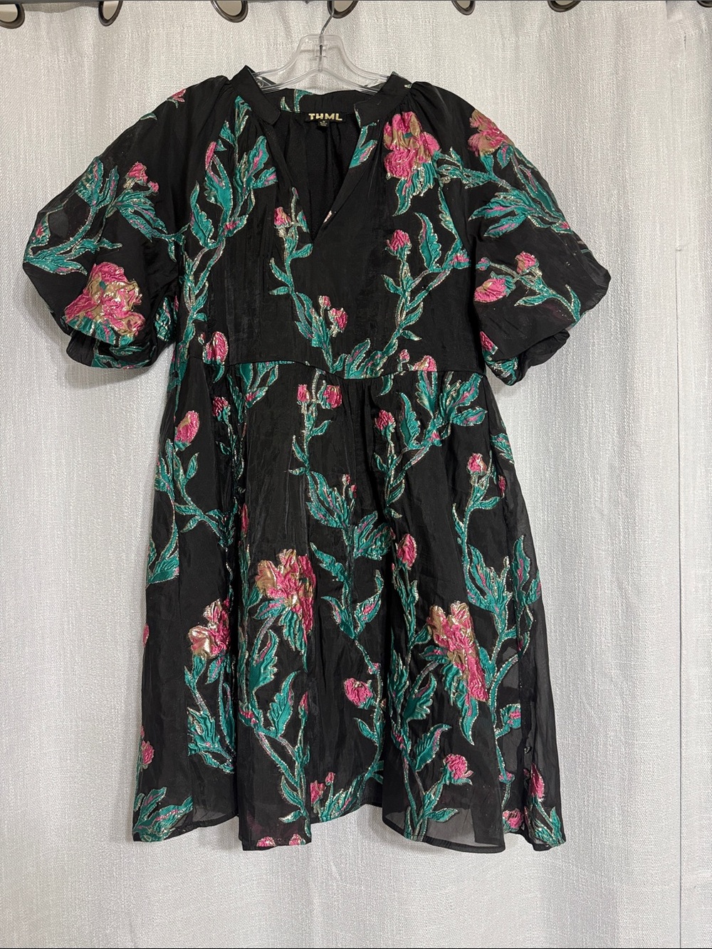 THML medium Black Floral Embroidered Puff-Sleeve Dress
